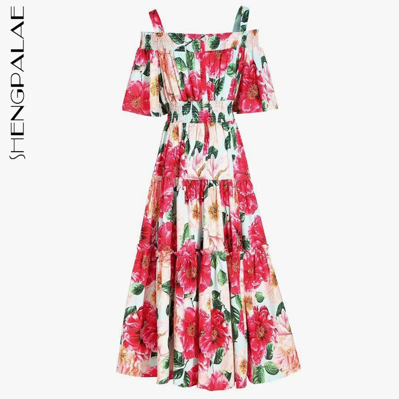 

SHENGPALAE floral printed beach dress women's aummer 2021 new square collar hollow out strap elastic waist A-line dresses 5E2400