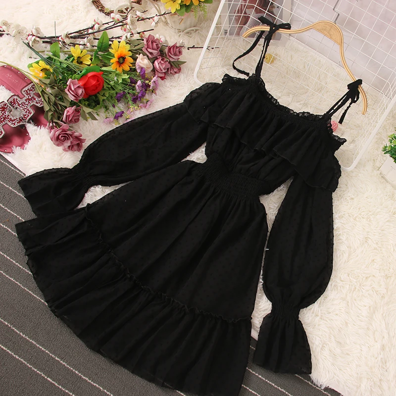 

Summer Women Sexy Dress Sling Off Shoulder Dot Dresses Female Puff Long Sleeve Ruffle Elastic High Waist Beach Sundress