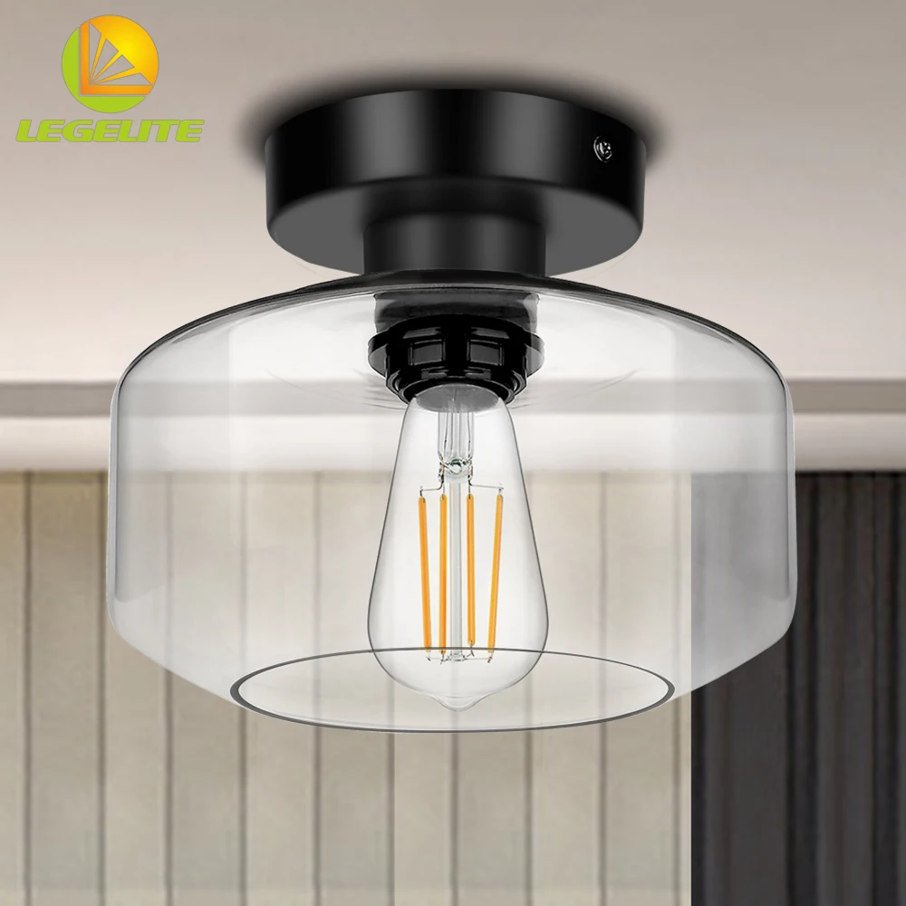 

Industrial Ceiling Light Semi Flush Mount Indoor lighting fixture with Clear Glass Lamp Shade for Farmhouse Bedroom Hallway