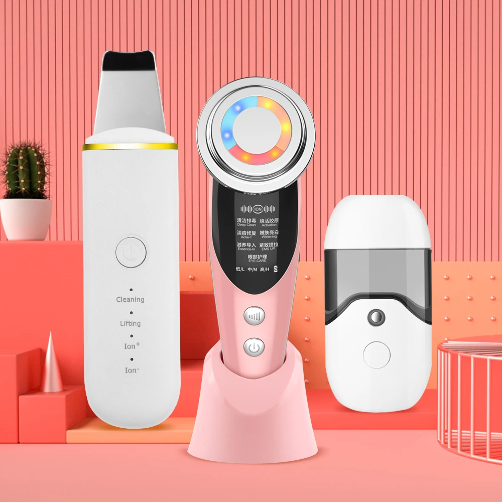 

Ultrasonic Skin Scrubber Facial Cleaner Machine Skin Care Set Face Cleaner + EMS LED Beauty Device + Nano Mini Facial Steamer