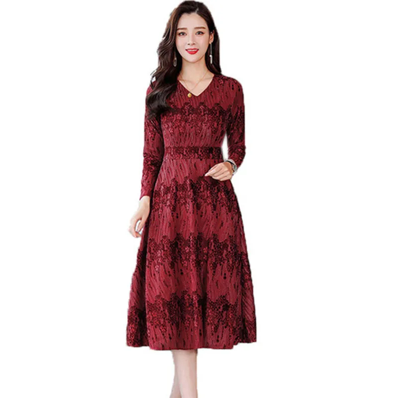 

Women Elegant Dress Spring Autumn New Gold Velvet Fashion Dress Mid-Long Long Sleeve Slim Dress Vestidos Mother Loaded A1121