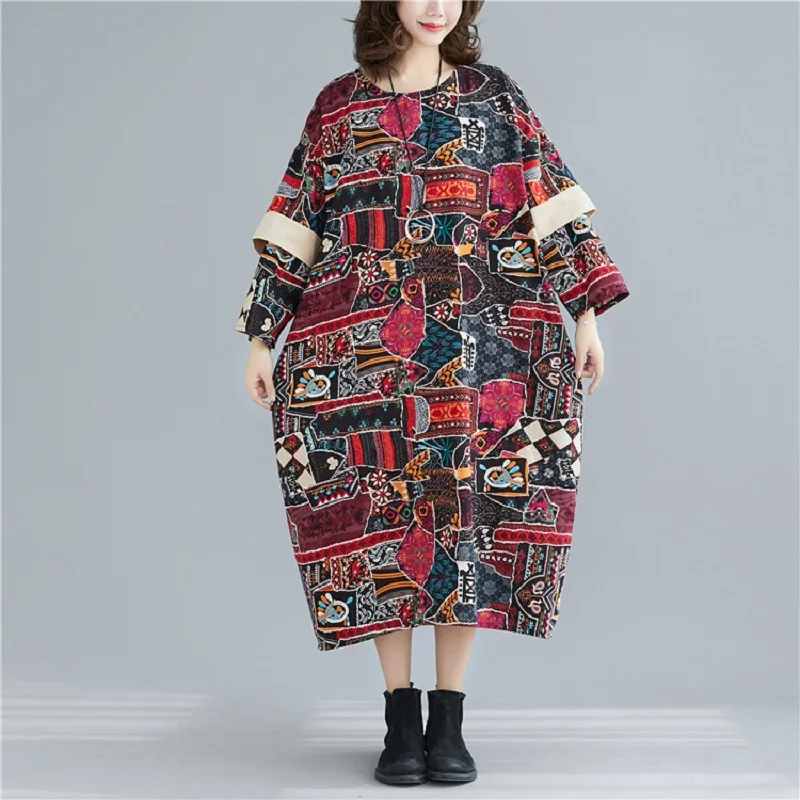 Длинный рукав размера плюс хлопок лен винтажное цветочное женское повседневное