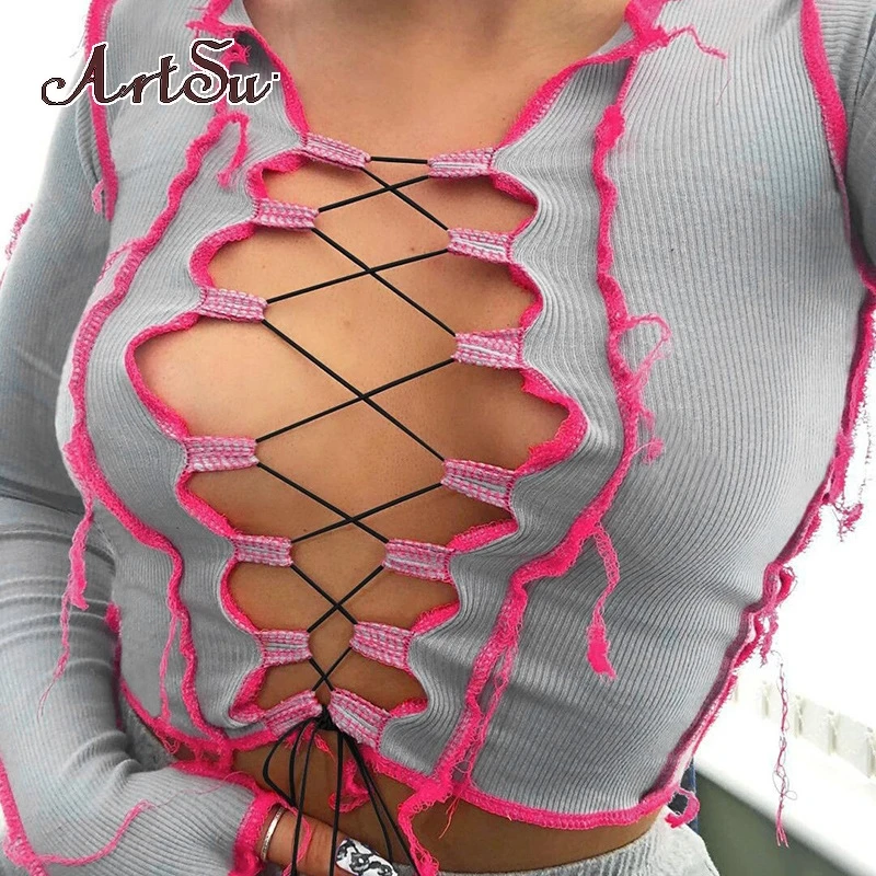 

Artsu, 8 цветов, сексуальная открытая футболка для женщин, с длинным рукавом, укороченный топ в полоску, пэчворк, с завязками, ребристая повязка,...