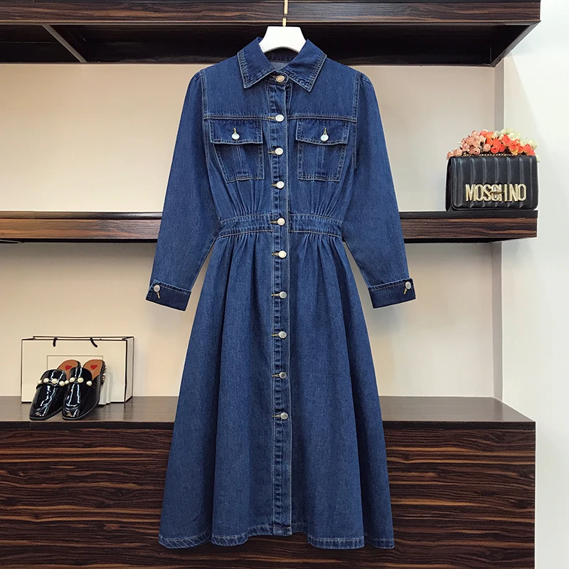 

Женское джинсовое платье с длинным рукавом, повседневное облегающее ТРАПЕЦИЕВИДНОЕ ПЛАТЬЕ большого размера с эластичной талией, карманами...