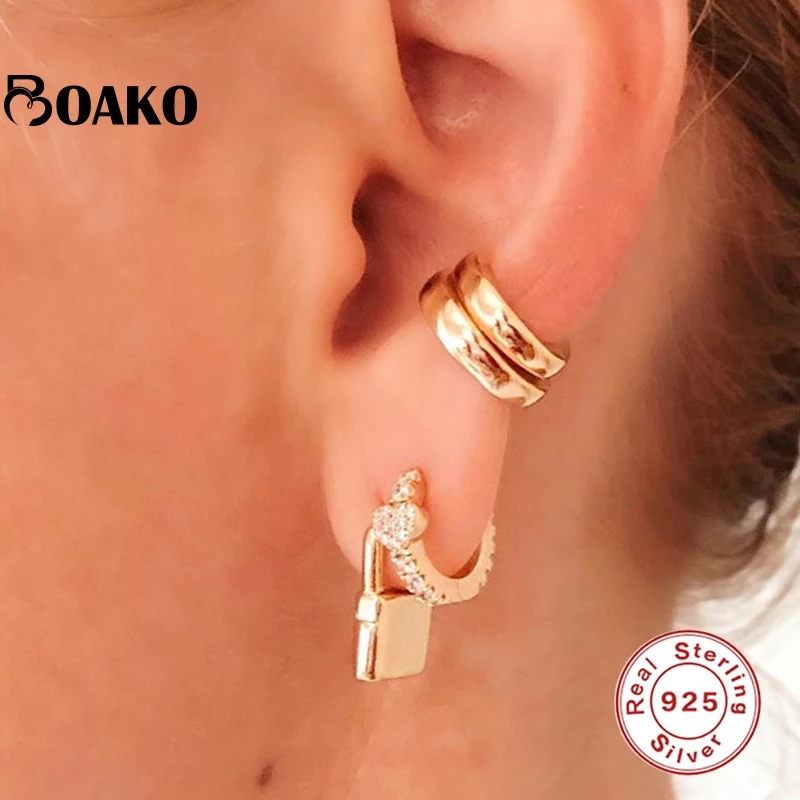 

BOAKO 925 Sterling Silver Single Hoop Earrings For Women Lock Creativity Earring Hoops Earings Luxury Jewelry Glossy Pendientes