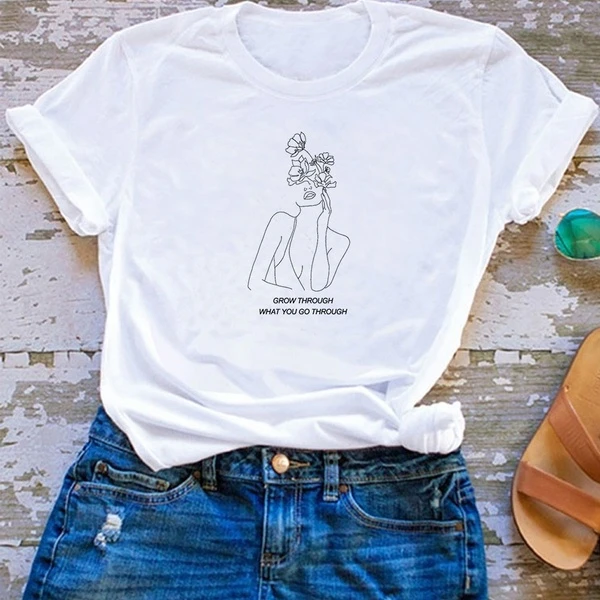 

Grow Through What You Go Through Feminist Inspirational Quotes Art Drawing T-Shirt Women's Summer Casual Short Sleeves Tee- L319
