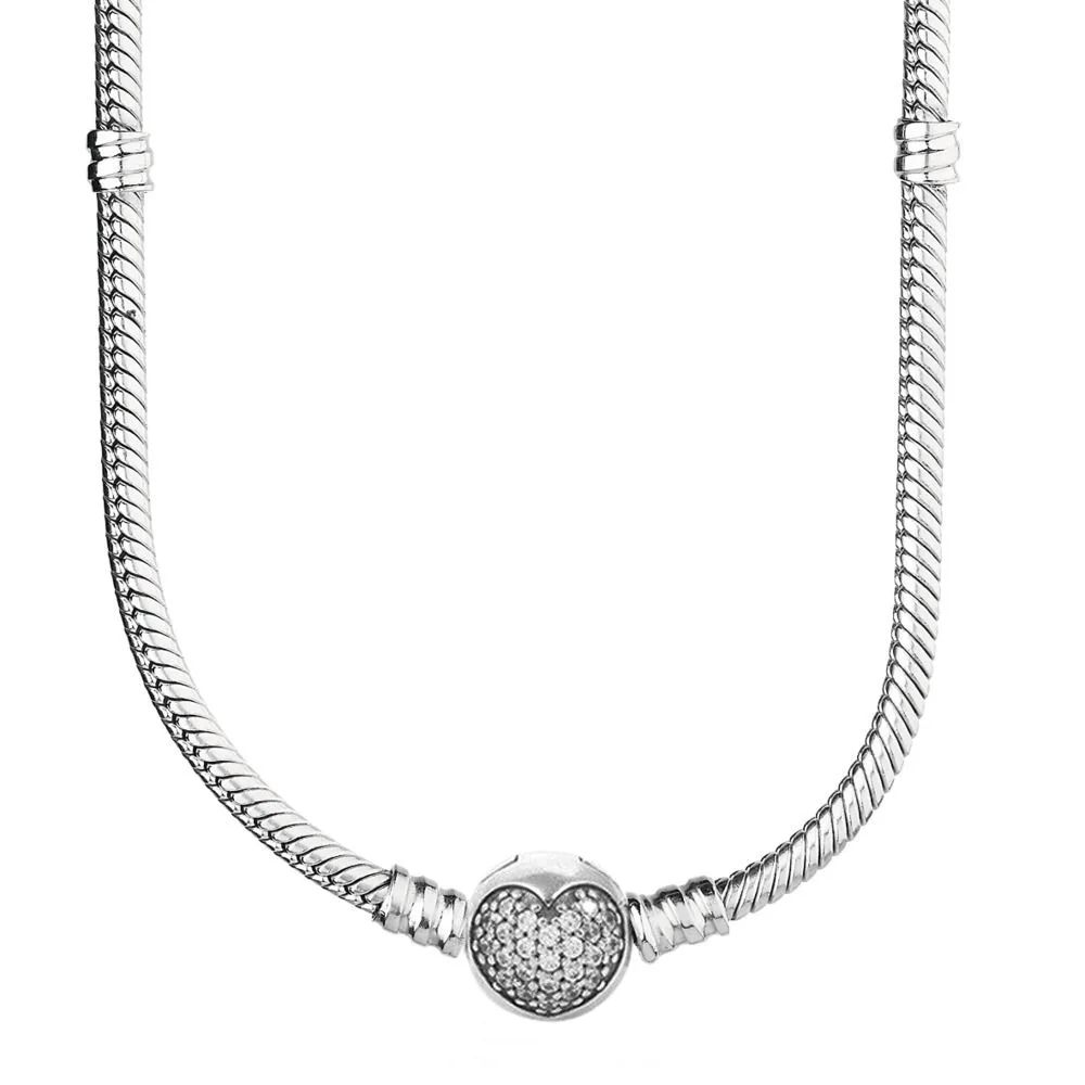 

Pave Love Heart Two-Tone Signature Pink Poetic Blooms Clasp Snake Chain 925 Silver Necklace For Fashion Bead Charm DIY Jewelry