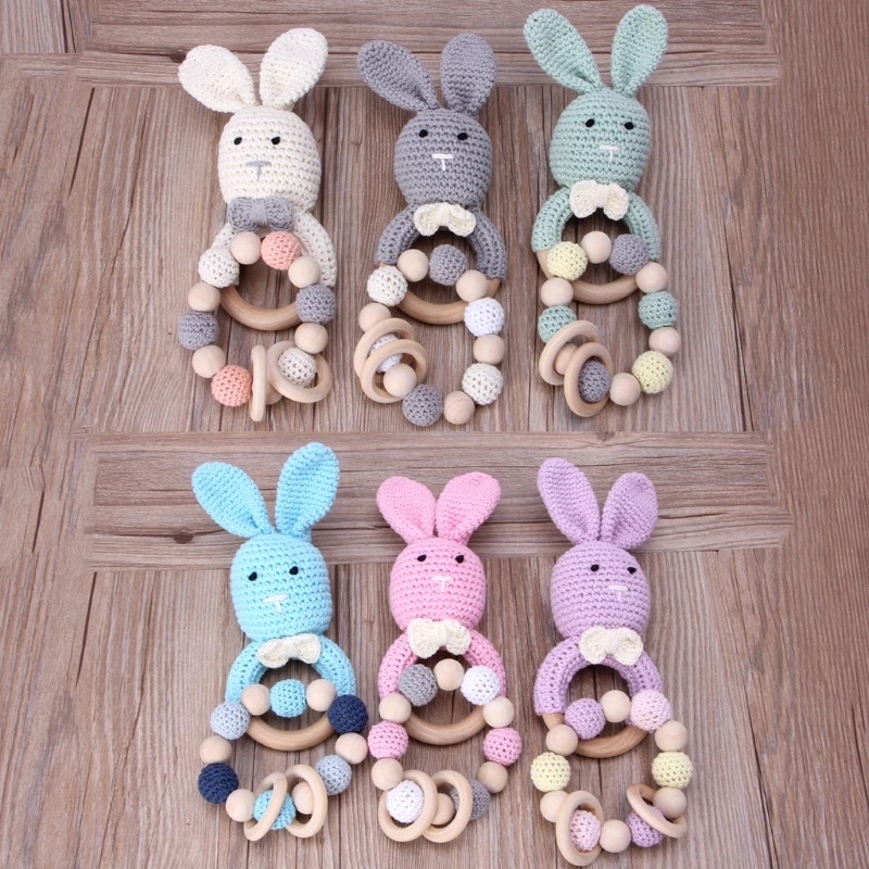 

2Pcs/Set Baby Wooden Teether Bracelet Crochet Bunny Teething Ring Chewing Toy