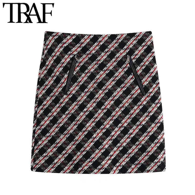 

Женская твидовая мини-юбка с карманами, завышенной талией и молнией сзади