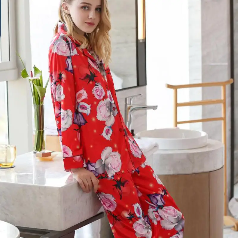 

Blue Homewear Sleep Set Satin Flower 2PCS Pajamas Suit Intimate Lingerie Spring New Nightwear Female Home Clothing Print