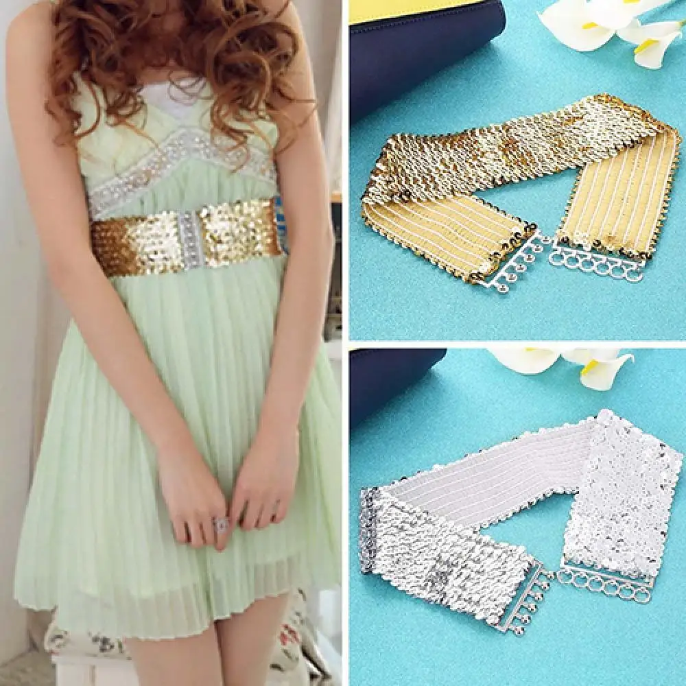 

Fashion Women's Belt Cool Punk Sparkling Sequins Elastic Stretch Wide Waistband Waist Belt Accessories cinturones para mujer