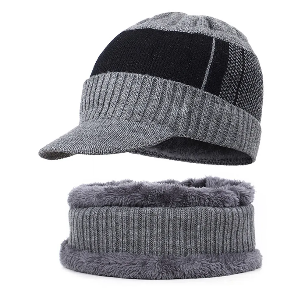 Grey hat and scarf Мужская зимняя теплая шапка, вязаная шапка с флисовой подкладкой, мягкая дышащая шапка с петлями для шарфа, набор KNG88 - Цвет: Grey hat and scarf