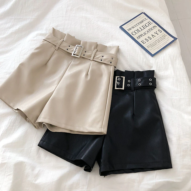 Женские кожаные шорты с высокой талией корейские модные короткие из