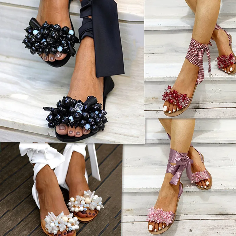 

Sandals Women Flat Sandals Ankle Strap Beaded Special Women's Shoes Beach Sandals Plus Size 35-43