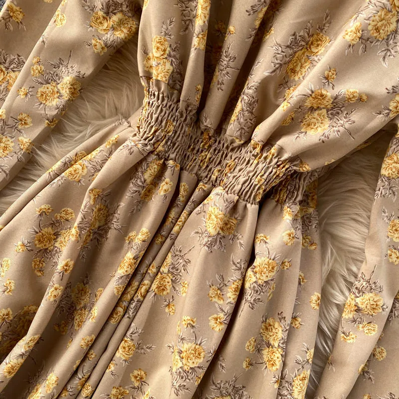 

Women Vintage Print Floral Dress V Neck Long Sleeve A Line Dress Autumn Casual Waist Elastic Ruched Dress French Style