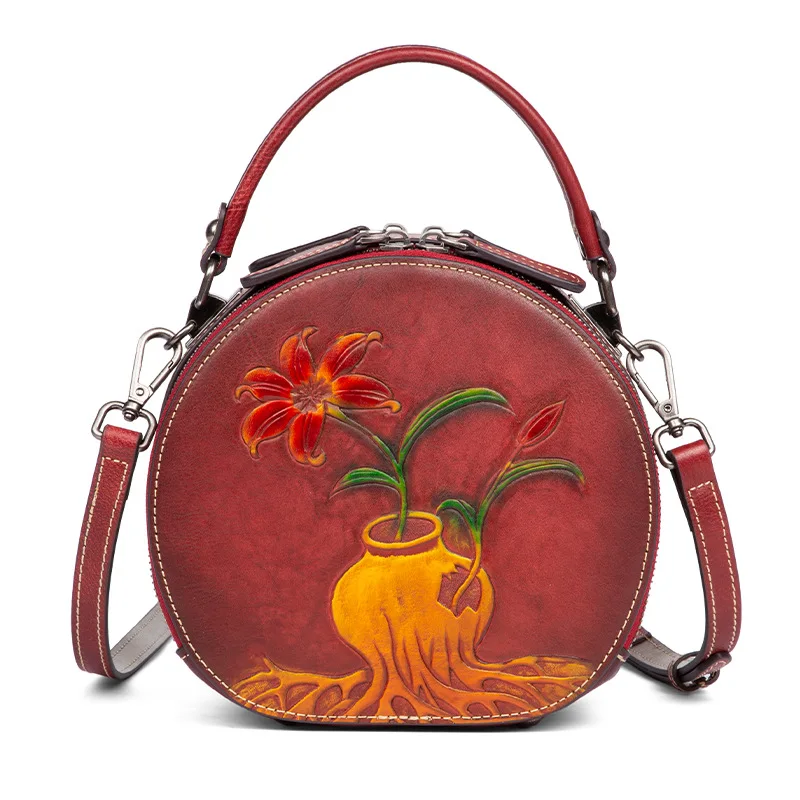 

Bestform Hand Painted Genuine Leather Women Bag 2021 New Vintage Embossed Circular Handbag Nature Cowhide Leisure Shoulder Bags