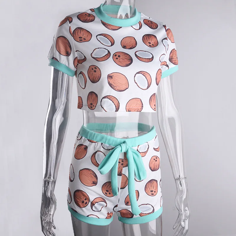 

Coconut Pattern Printing Two Piece Pajama Sets Sleepwear Women Fashion Casual Short Sleeve Crop Tops And Shorts