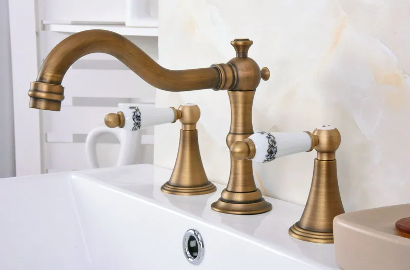 Vintage Retro Antique Brass Deck Mounted Dual Handles Widespread Bathroom 3 Holes Basin Faucet Mixer Water Taps man085 | Обустройство