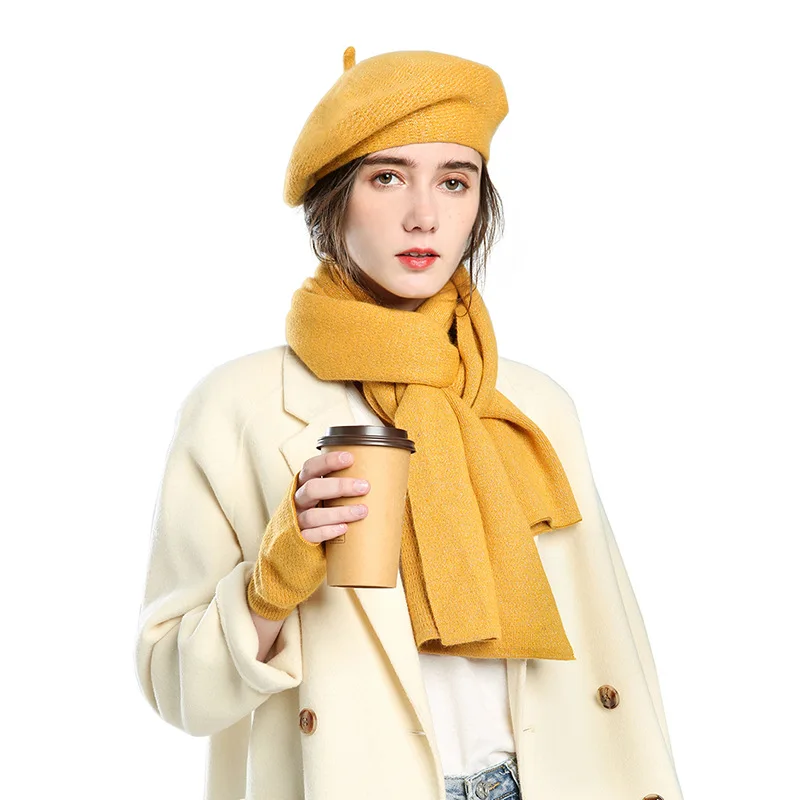 

Women's Winter Cashmere Beret Scarf Gloves Three-Piece Set Pure Color All-Match Warm Knit Suit Fashion Apparel Accessories 2022