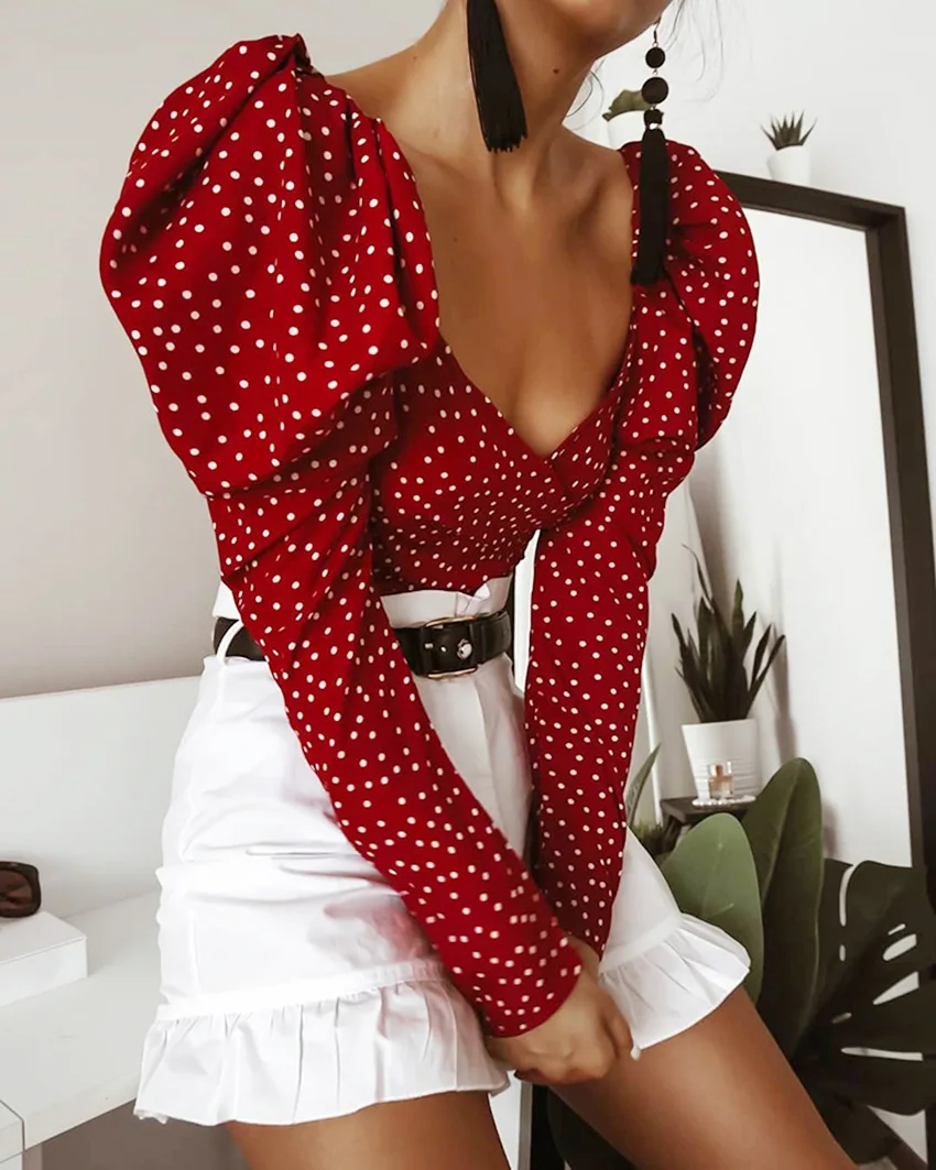 

Polka Dot Women Puff Long Sleeve Wrap Top Elegant 2021 Lace Up Red Crop Top Blouse Sexy Backless Chic Female Shirts