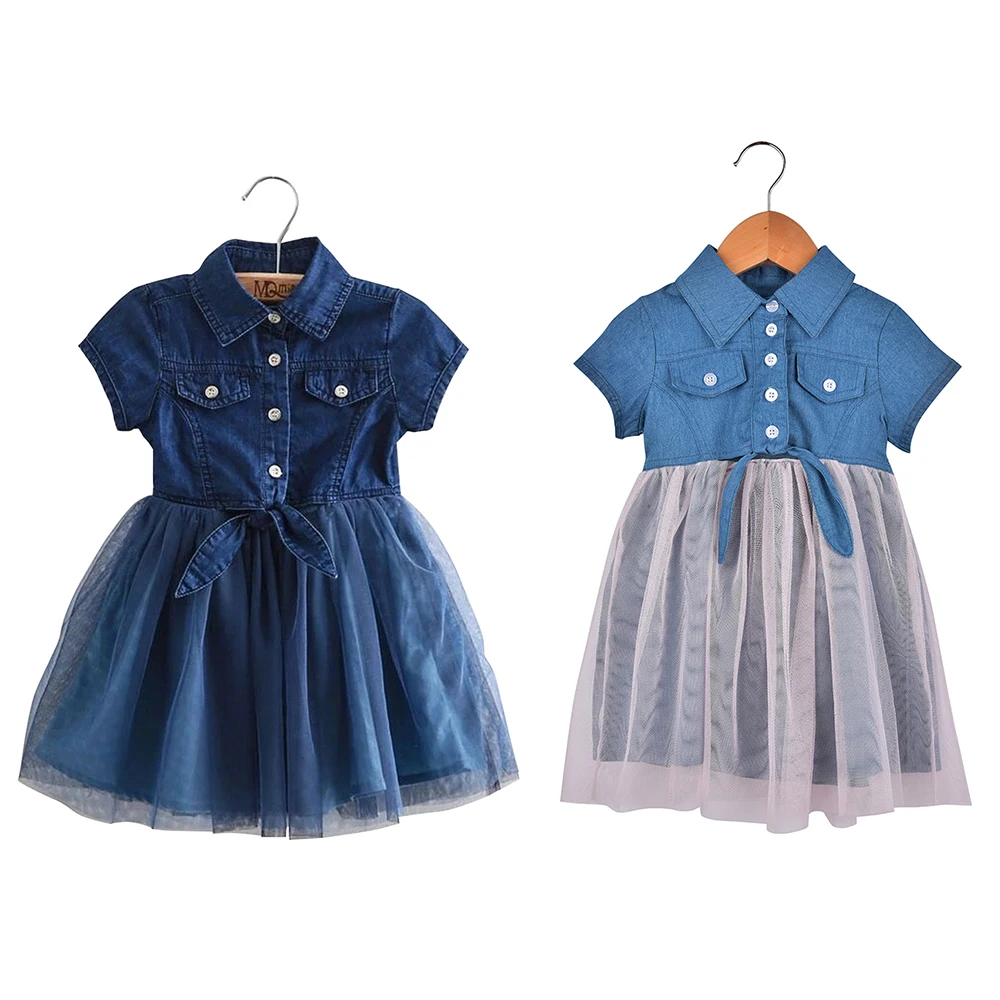 

On Sale Girls Short Sleeve Denim Dress Mesh Patchwork Dress Cool Baby Button Belt Cute Toddler Dress Baby Fashion Dresses 3-6Y