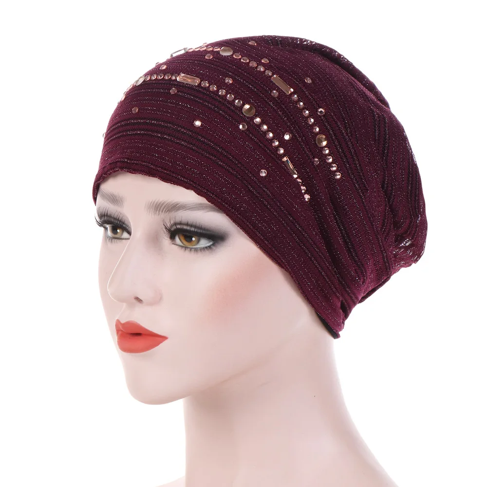 

2021 New Muslim Turban Printing Hijab Caps Pure Cotton Head Wrap Headband For Women Hot Rhinestone Two-Color Pan Flower Hat