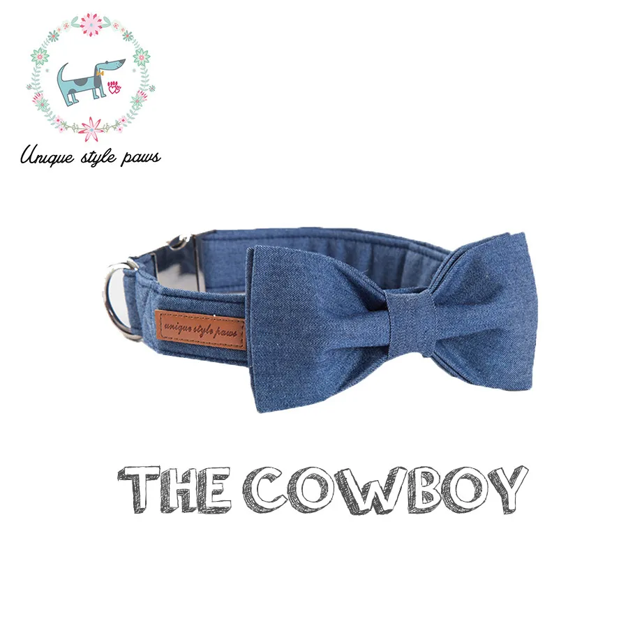

Denim blue Adjustabel Dog collar & Bowtie for Puppy