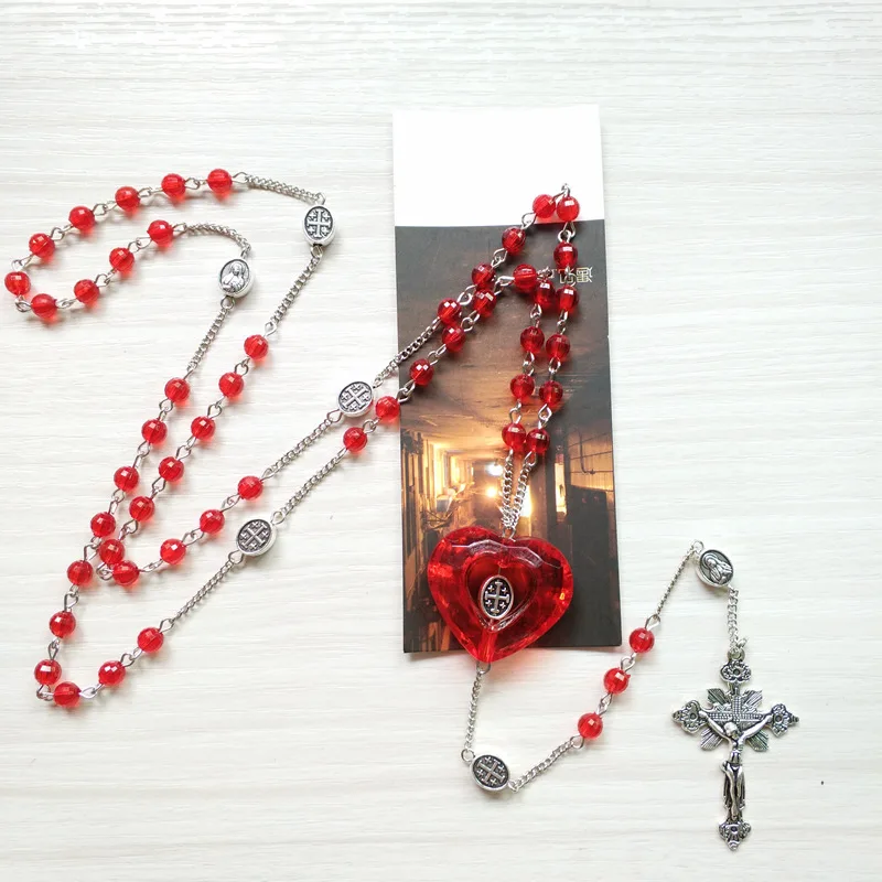 

QIGO Red Acrylic Jesus Cross Rosary Necklace For Women Big Heart Catholic Religious Prayer Jewelry