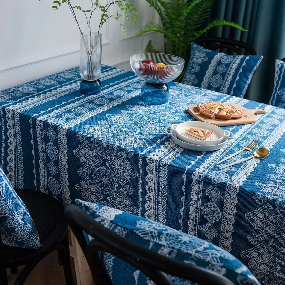 

New Retro Blue Lace Printed Linen Cotton Home Table Cloth Christmas Wedding Hotel Tablecloth DIY House Sofa Cover Picnic Cloth