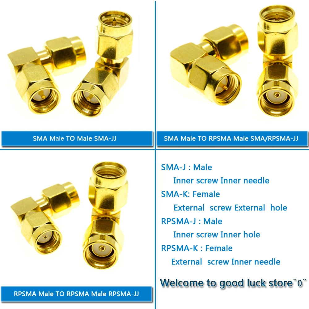 

1X Pcs kit set RP-SMA RP SMA To SMA RPSMA Male & Female 90 Degree Right Angle Gold Plated Brass RF Connector Adapter