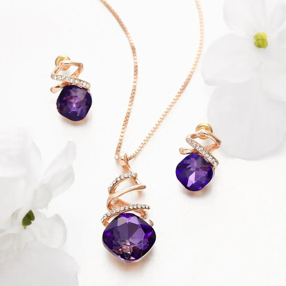 

Wedding Party Spiral Square Rhinestone Necklace Stud Earrings Bridal Jewelry Set