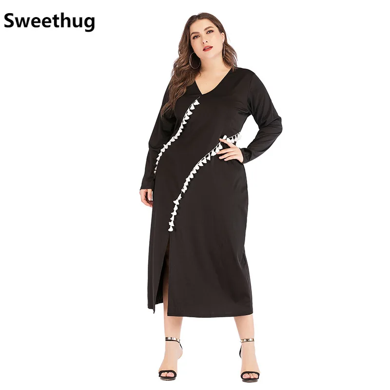 

Женское длинное платье Sweethug, черное облегающее Повседневное платье с длинным рукавом и V-образным вырезом, большие размеры 3XL, 4XL, Осень-зима