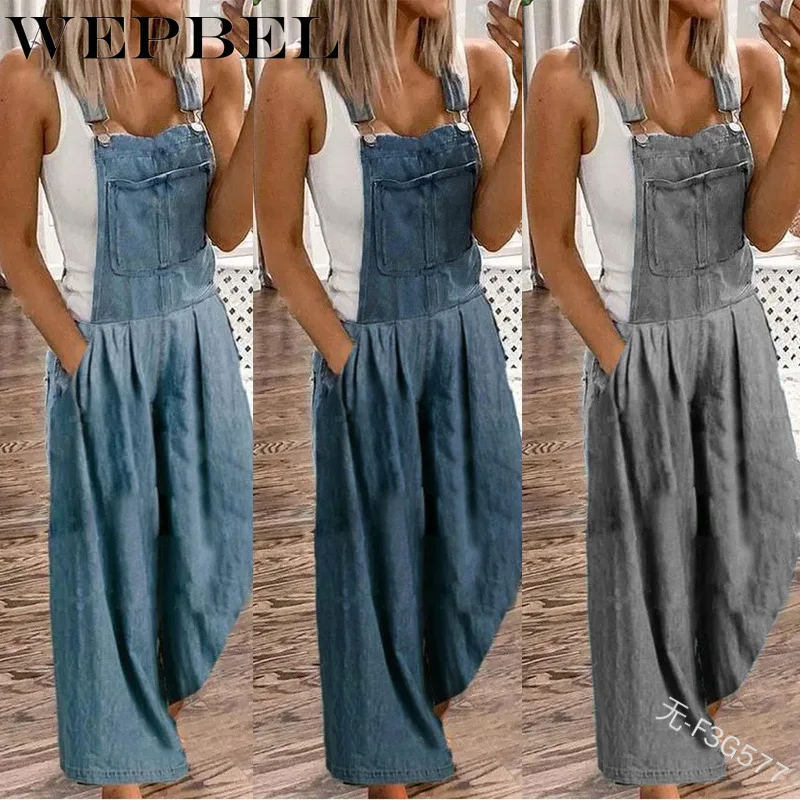 

WEPBEL Women Denim Overalls Streetwear Loose Pocket Jumpsuits BF Style Vintage Wide Leg Jeans Rompers