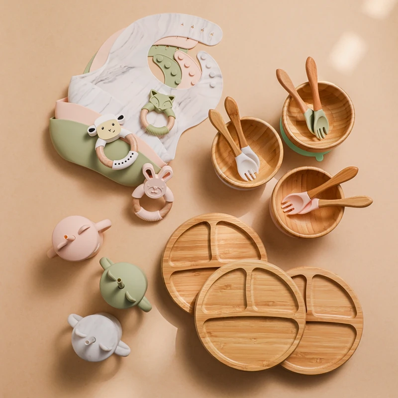 Silicone Baby Feeding Set Baby Feeding Supplies Kids Bamboo Dinnerware With Cup Children's Dishes Bowl Stuff Tableware Gift Set