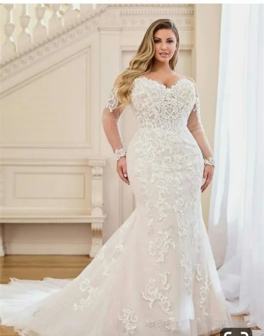 

South African Wedding Dresses Mermaid Long Sleeves Tulle Appliques Lace Plus Size Nigeria Vestido De Noiva Bridal Wedding Gown