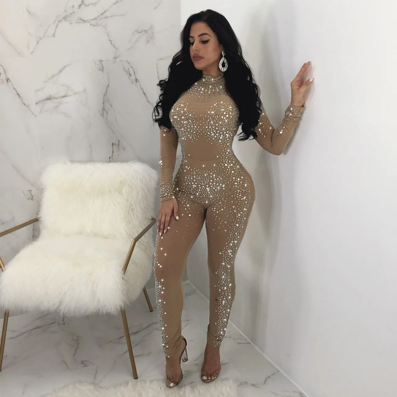 Женский комбинезон со стразами и блестками с принтом длинным рукавом облегающий