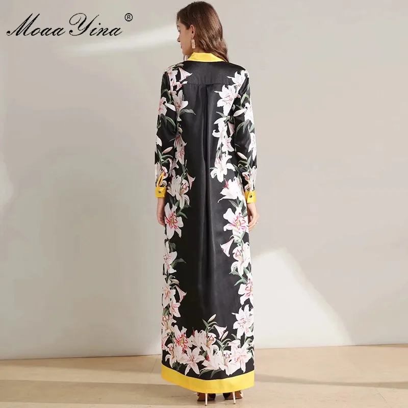 

MoaaYina Fashion Designer Runway dress Autumn Winter Women's Dress Long sleeve lily Floral-Print Black Loose Robe Maxi Dresses