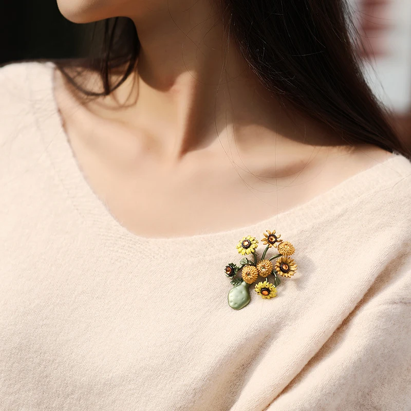 Женская Брошь в виде вазы подсолнуха осенне-зимняя брошь стиле ретро аксессуары