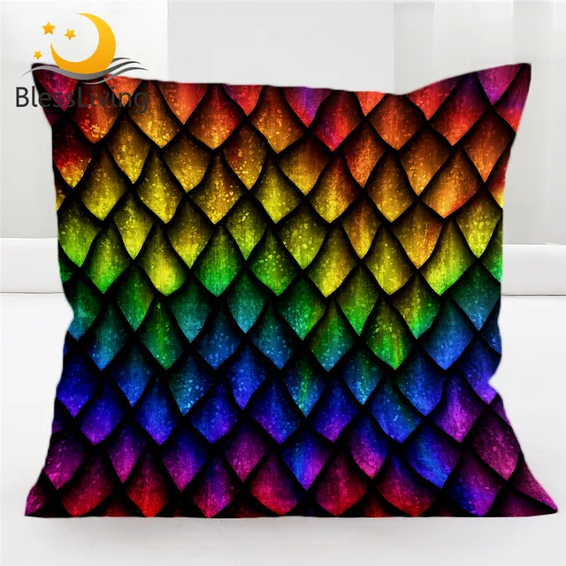 BlessLiving Dragon Scales Cushion Cover Rainbow Pillow Case 45X45cm Luxury Colorful Decorative Pillow Covers Housse De Coussin 1