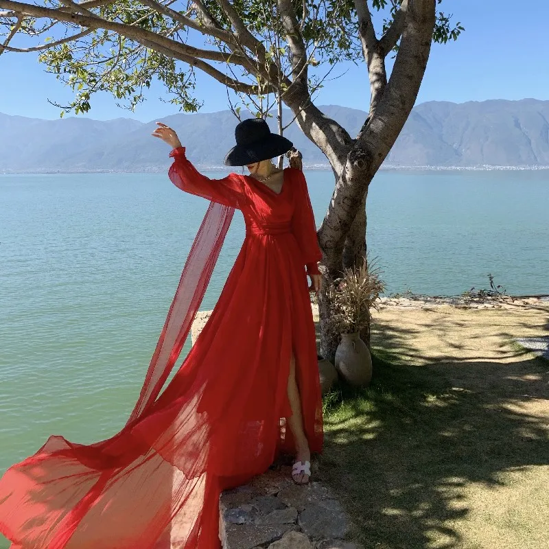 

COIGARSAM Women Beach Dress New National Wind Chiffon Lantern Sleeve Backless Red White Dresses Robe Traf