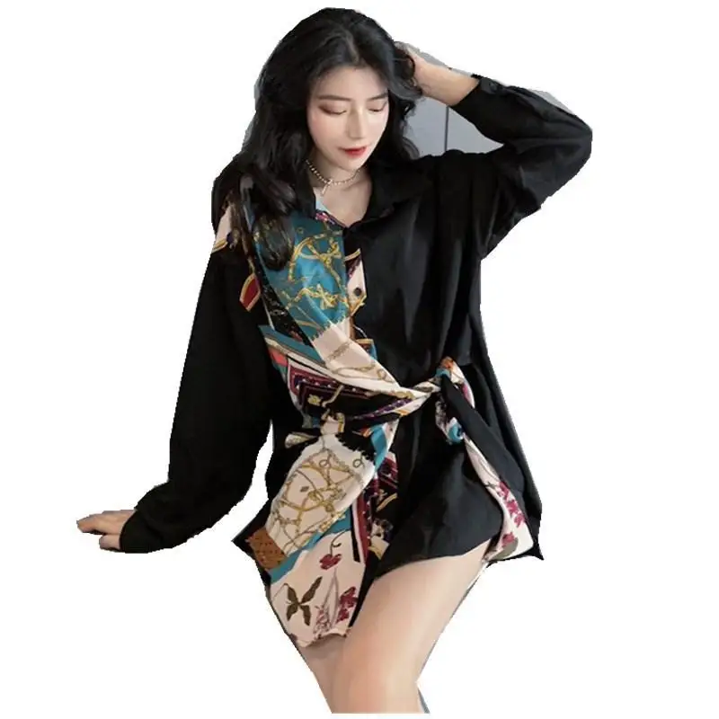 

Spring and autumn new large size shirt female student Korean loose chic personalized waist long sleeve shirt top fashion