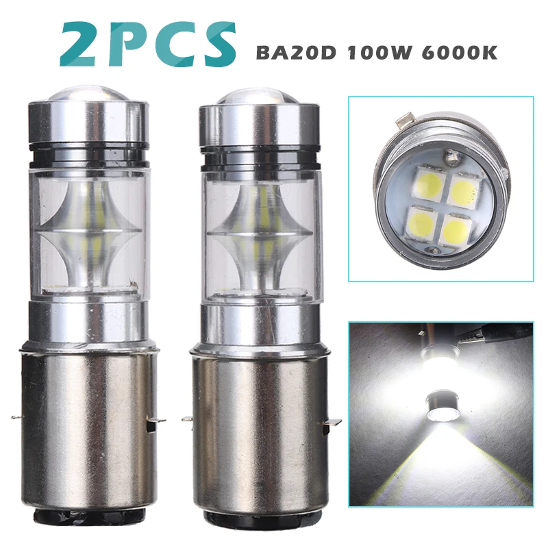 2pcs BA20D 100W LED Motorcycle Bike Moped Scooter ATV Headlight Bulb White 6000K Scooter Day-time Running Light Parts