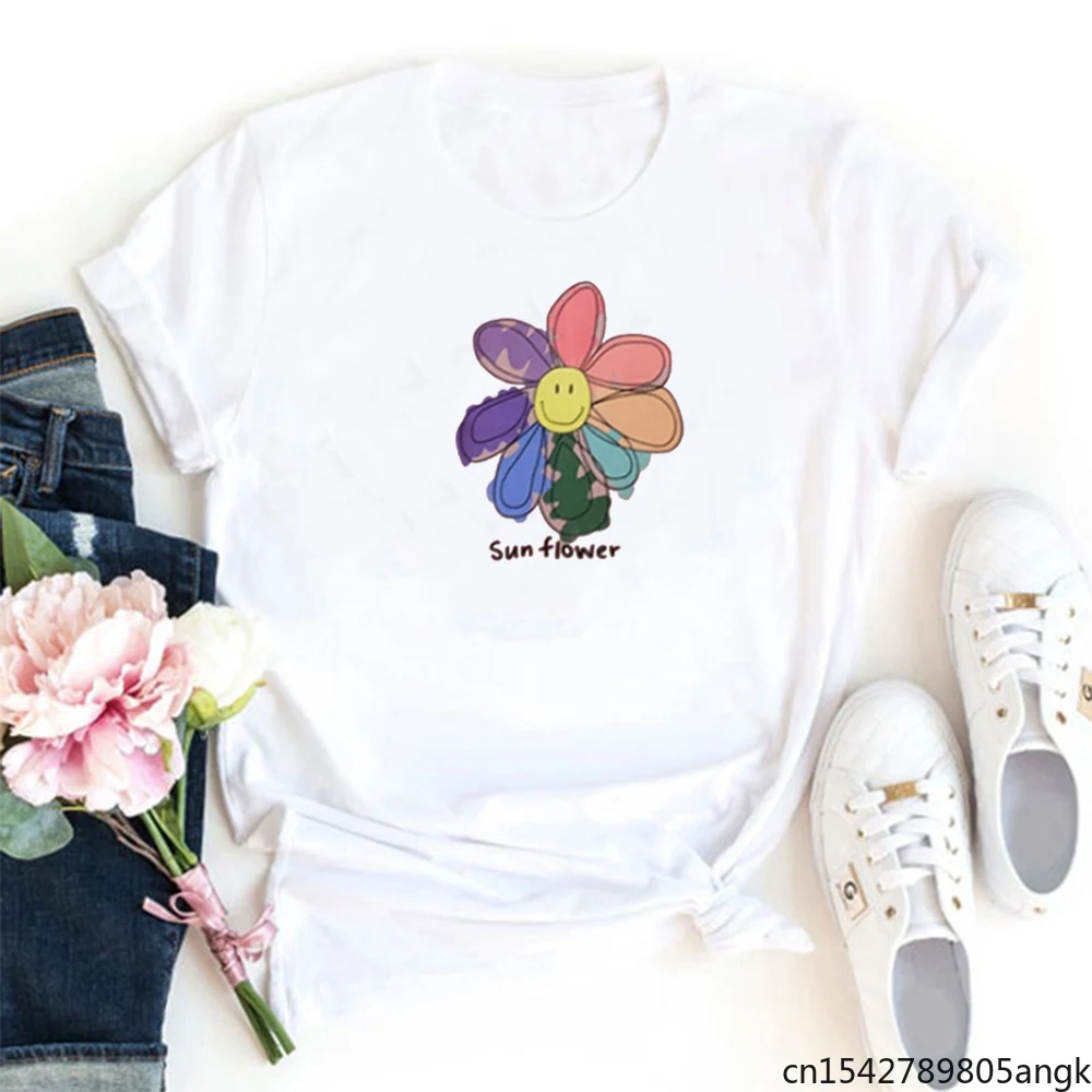

Sun Flower T Shirt Women Watercolor Printing Graphics Fashion Black Tide Aesthetic Clothes
