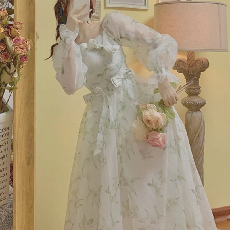

Женское винтажное шифоновое платье миди, элегантное праздничное платье во французском стиле с цветочным принтом и бантом, милое сказочное ...