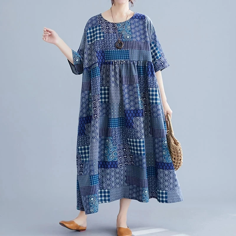 

Size 8XL 130KG Summer Cotton Dress Short Sleeve O Neck Vintage Long Dress Casual Loose Ladies Maxi Dresses