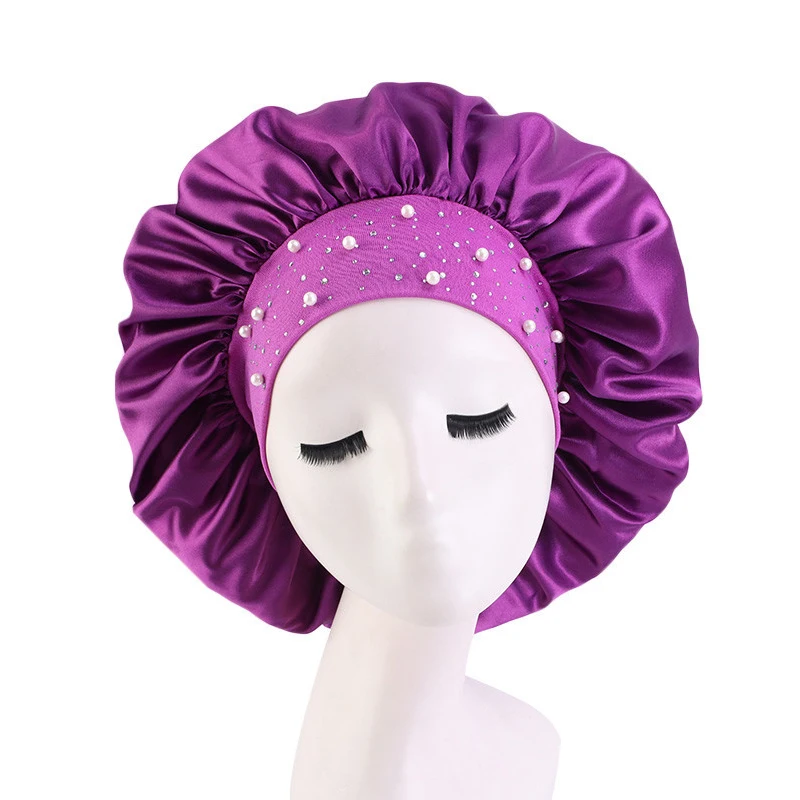 

2021 New Big Satin Elasticity Comfortable Wide-Brimmed Silk Hair Sleeping Hat Bonnets Cap Care Bonnet Night Caps For Women Men