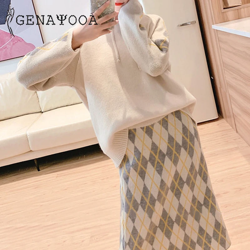 

Genayooa Casual Womens Two Piece Sets 2019 Knitted Women Suits Skirts And Tops Plaid Midi Skirt Loose Sweater Hooded Suit Winter