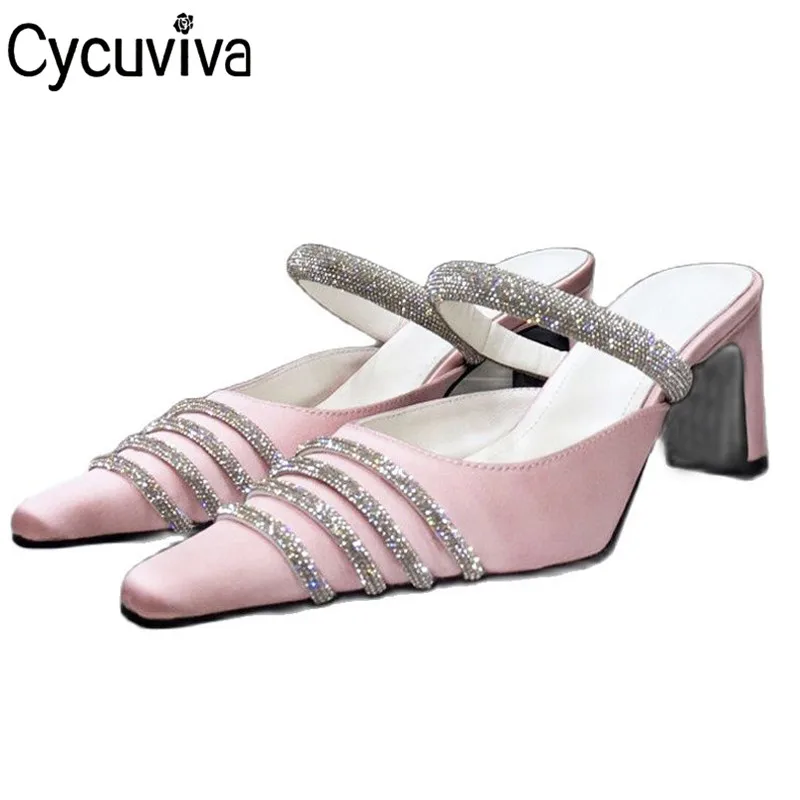 

Женские атласные шлепанцы с кристаллами, розовые летние шлепанцы для свадьбы, 2021