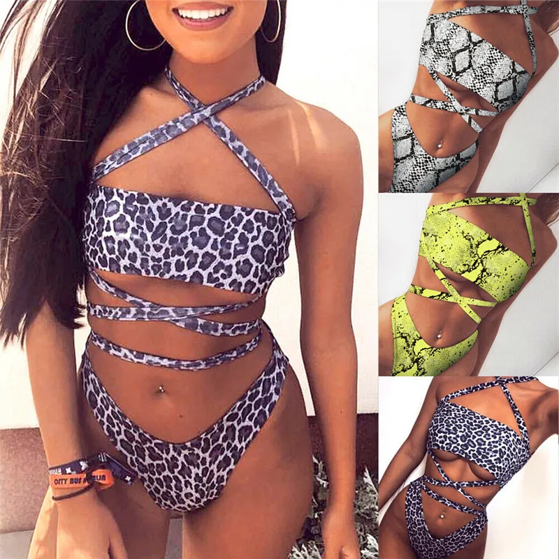 

Summer Swimwear Sexy Women Push Up Padded Bikini Set Strap Bathing Suit Leopard Snake Skin Printed Swimsuit Beachwear