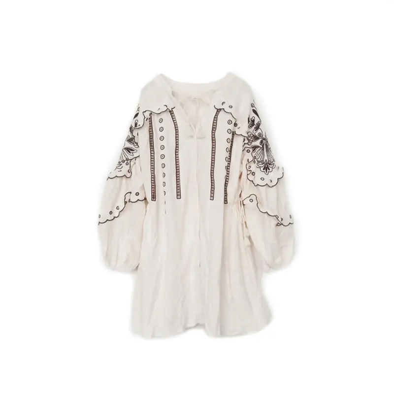 

XITAO Patchwork Embroidery Dress Women Ruffles Trendy Fashion New Style V Neck Collar Long Sleeve Hollow Out Slim Loose ZY4678